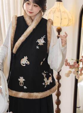 新款汉服女【冬日喵喵】明制交领刺绣加厚比甲新中式马面裙秋冬季