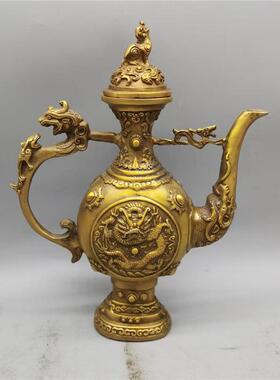 仿古纯铜双龙酒壶茶壶浮雕龙壶客厅家居装饰工艺品桌面摆件