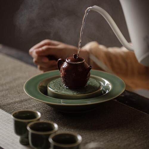 束刻 耀州窑半刀泥手刻莲瓣纹锡盖陶瓷日式壶承茶托茶盘蓄水