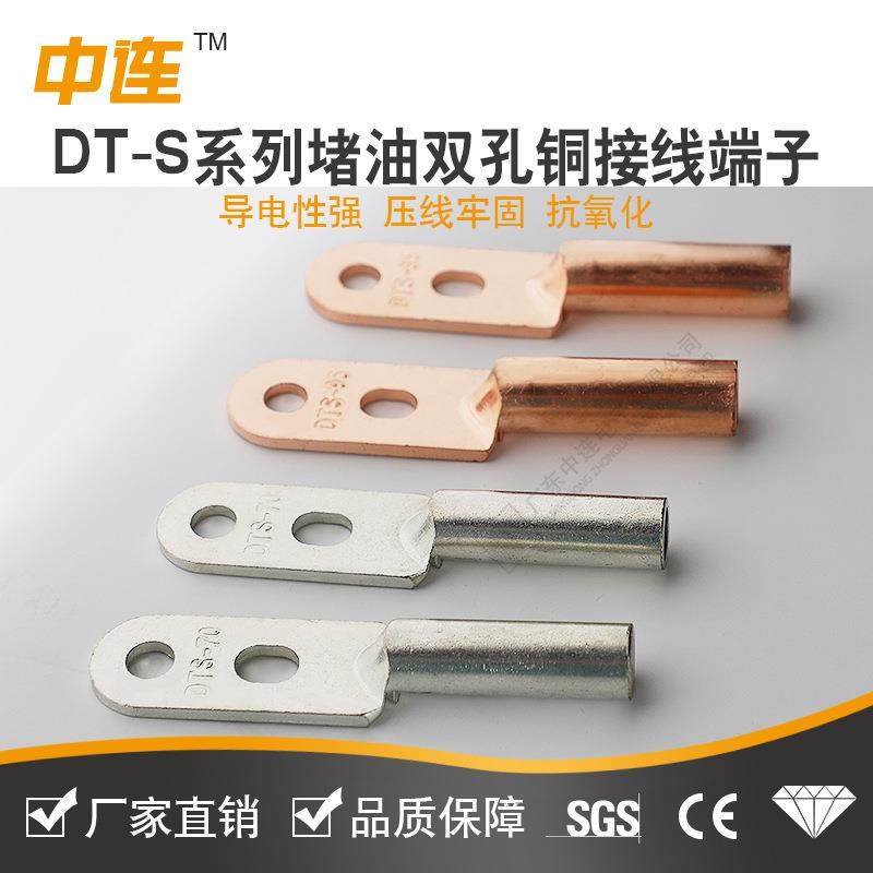 中连厂家直供双孔DT-S型铜鼻子铜接线端子堵油型铜端子双孔线鼻子