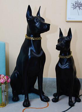 沙发旁落地狗摆件杜宾犬客厅摆设黑色风水彷真入户鞋柜装饰看门狗