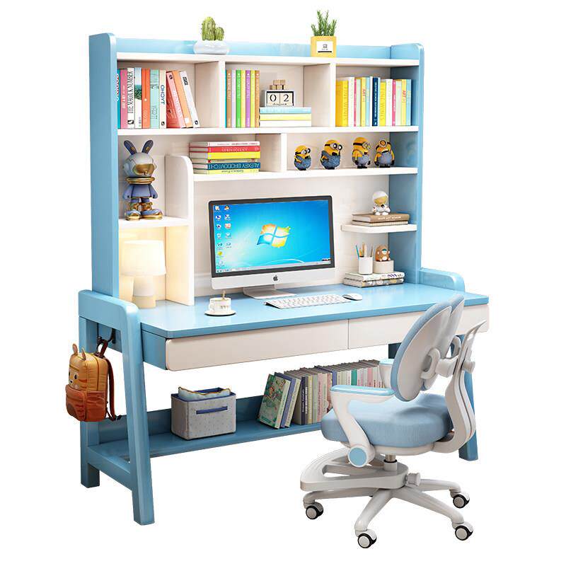 学习桌实木儿童书桌卧室可升降学生家用写字桌带书架课桌椅子套装