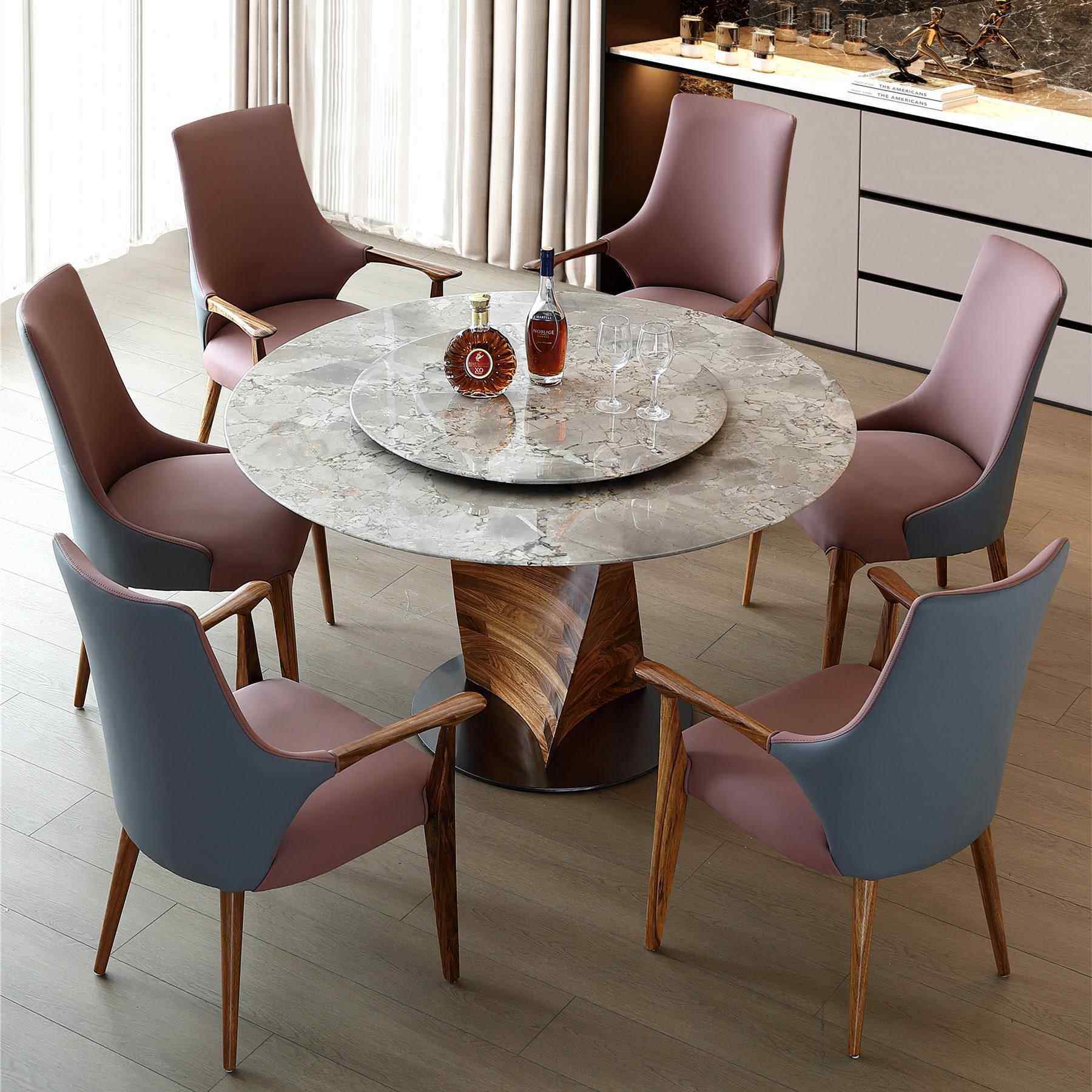 轻奢白蜡餐桌套装大理石岩板饭厅圆形6-8人饭桌餐厅乌金木圆桌椅