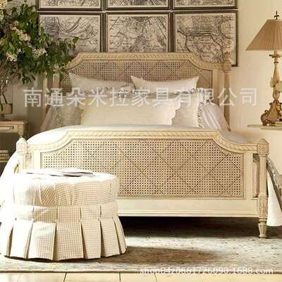 法式轻奢实木藤编床民宿高背大床美式乡村主卧双人藤制婚床