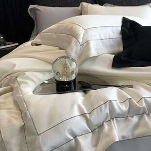 意式极简轻奢风120支澳棉四件套宽边提花被套全棉纯色百搭床品