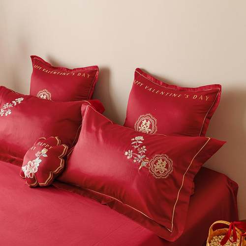 新式奢刺绣花结婚KADOU庆全棉四件中床套1轻00S纯棉红陪嫁床上喜