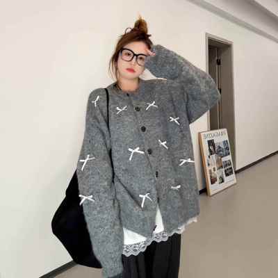 大码灰色上衣甜美蝴蝶结毛衣外套女开春胖mm宽松显瘦针织开衫外搭