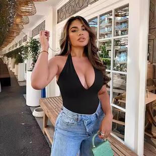 Women's sleeveless black backless tight fitting jumpsuit
