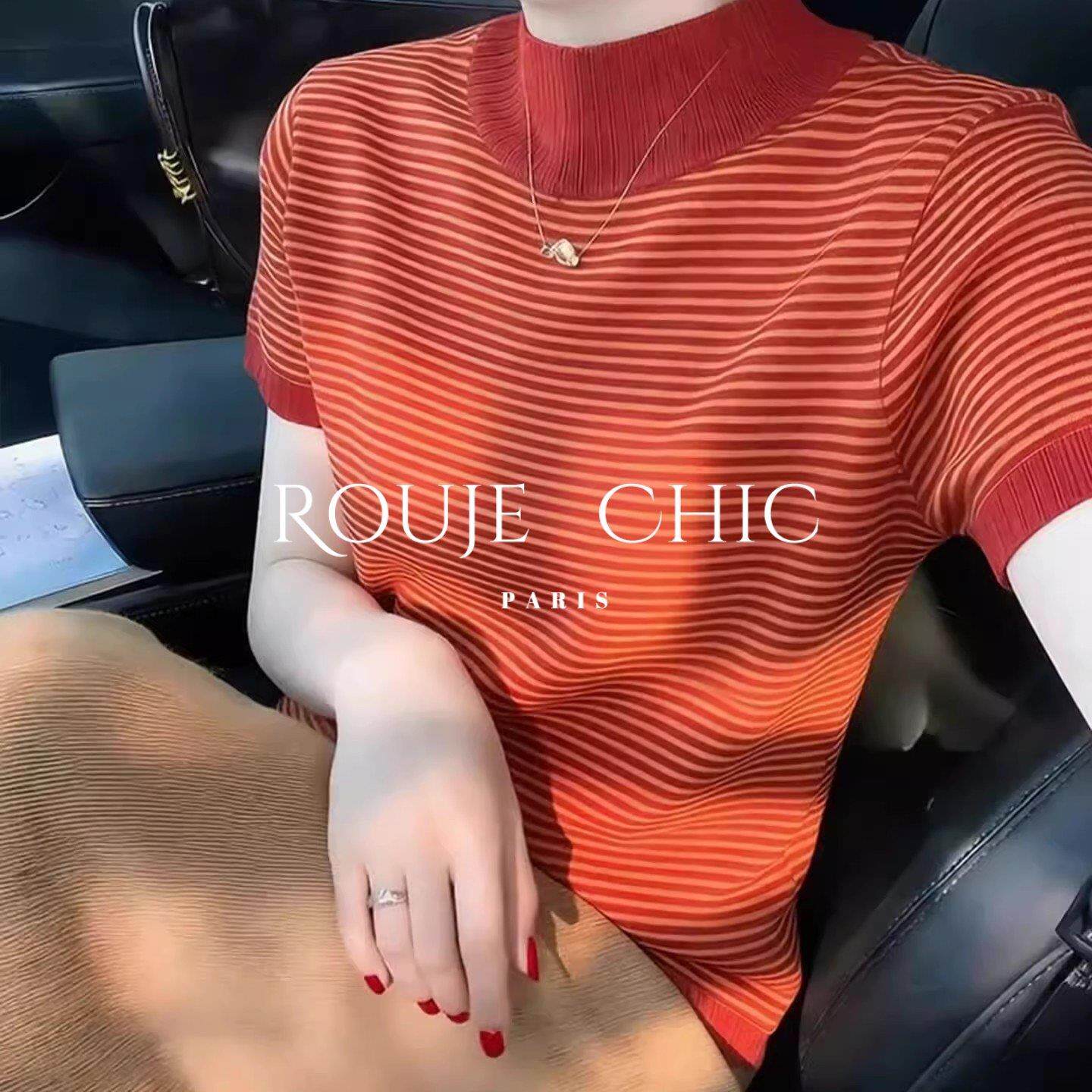 法国rouje chic法式橘红色半高领条纹短袖针织衫女早春气质风上衣
