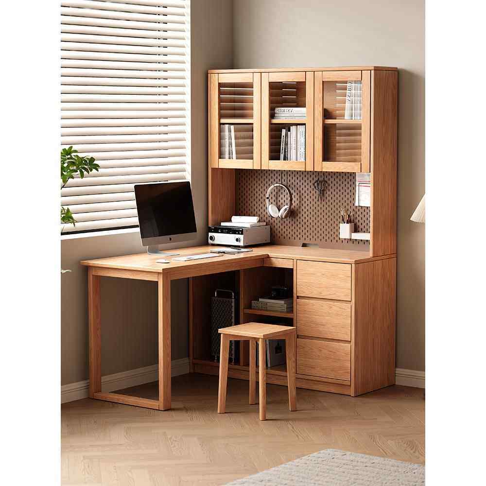 橡木电脑桌转角实木书桌书架一体儿童学习小户型书房带抽屉书柜