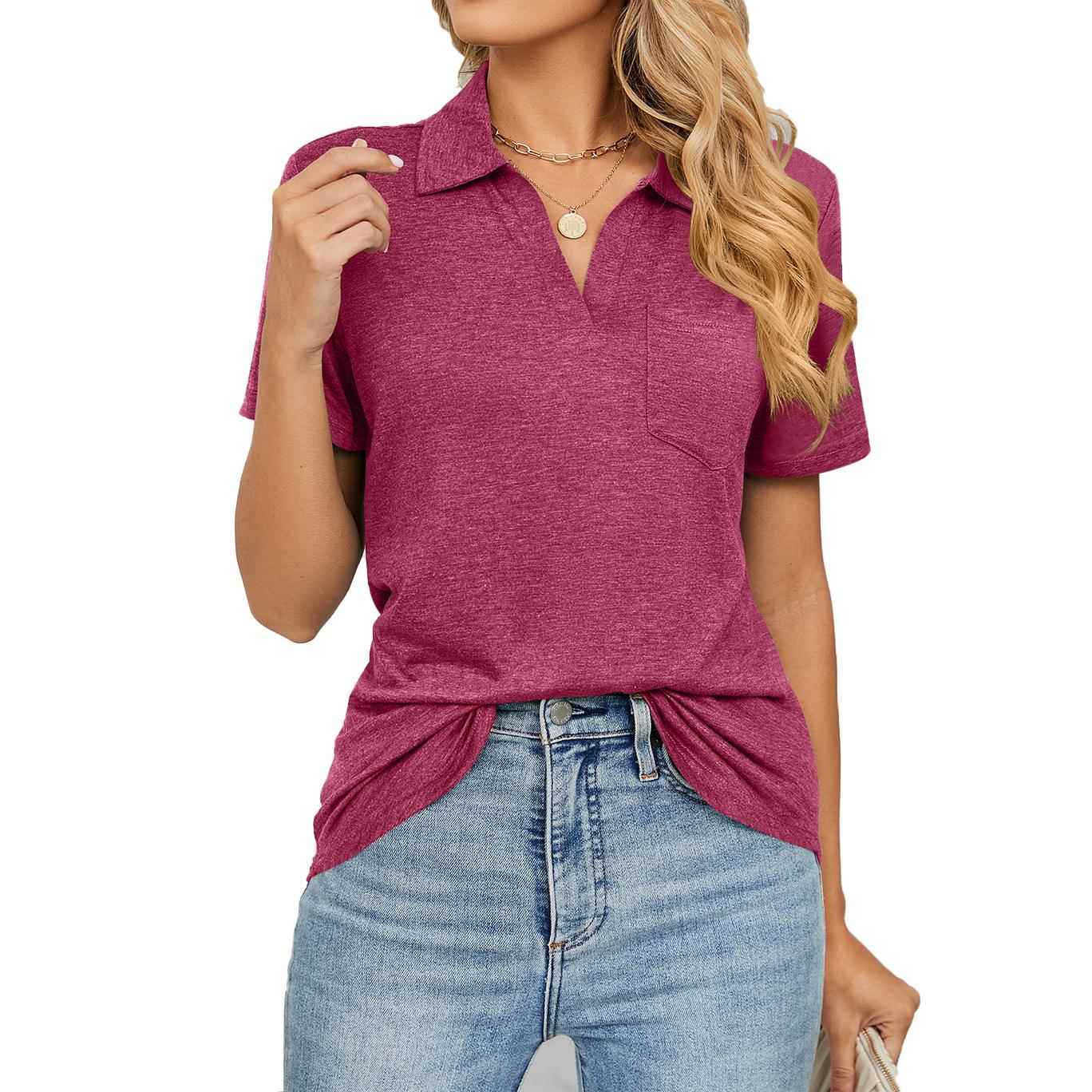 Solid color loose short top lapel pocket T-shirt sleeve for