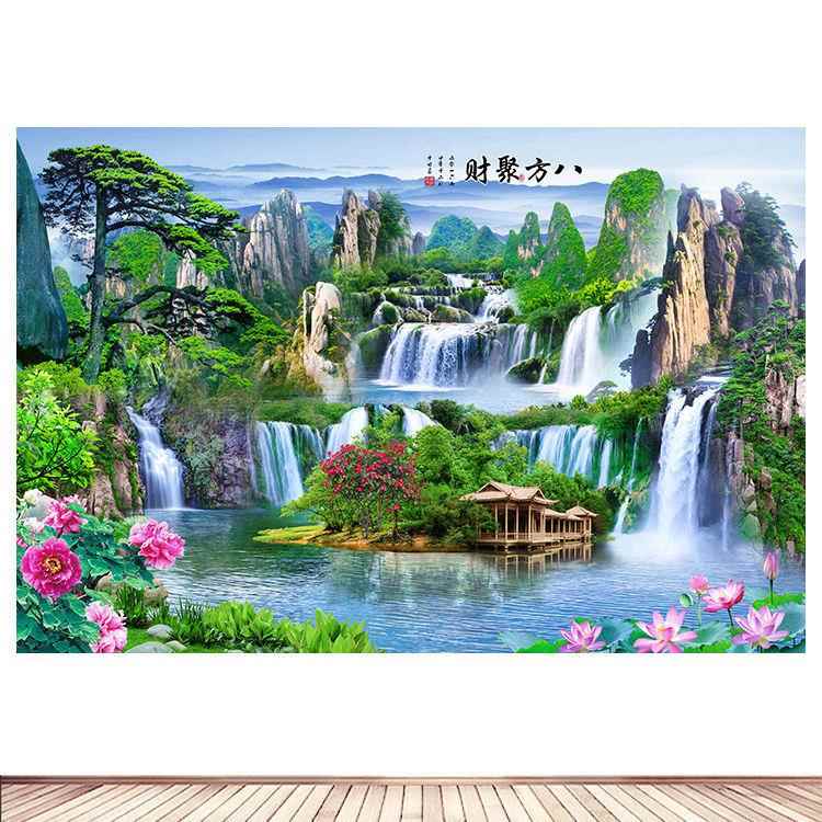 八方聚财山水瀑布风景画仙堂画迎客松荷花牡丹墙贴装饰画自粘壁画图片