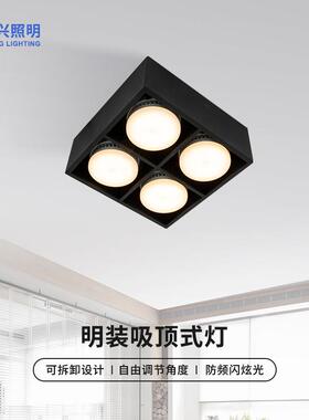 明装吸顶灯四格方形led可旋转灯头吸顶灯四头照明家用免开孔