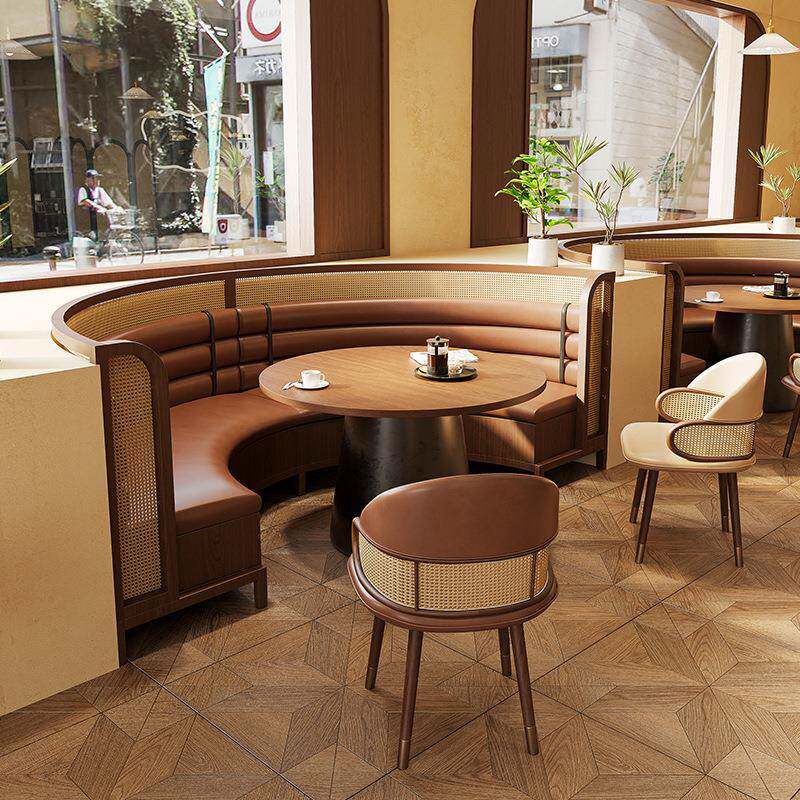西餐厅实木卡座餐厅桌椅组合茶楼火锅店中式复古藤编半圆卡座沙发