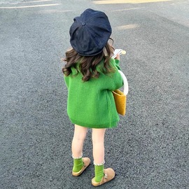 韩国童装2024春秋女童针织衫，女宝宝绿色毛衣外套，儿童宽松外搭开衫