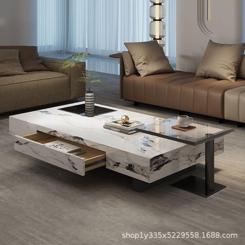 意式极简小户型现代简约客厅办公室轻奢岩板茶桌带抽屉茶几