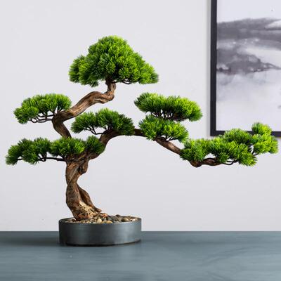 新中式彷真迎客松客厅摆件桌面绿植假树盆景玄关罗汉松软装假松树