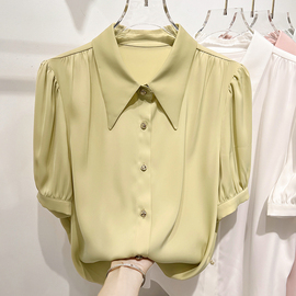 2023韩版修身显瘦翻领单排扣纯色，短袖雪纺衬衫女夏季薄款上衣