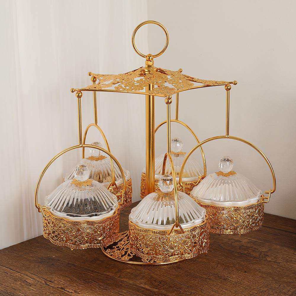 欧式奢精美果盘用金属水果盘果五格家伞型干盒分格带盖糖果干五格