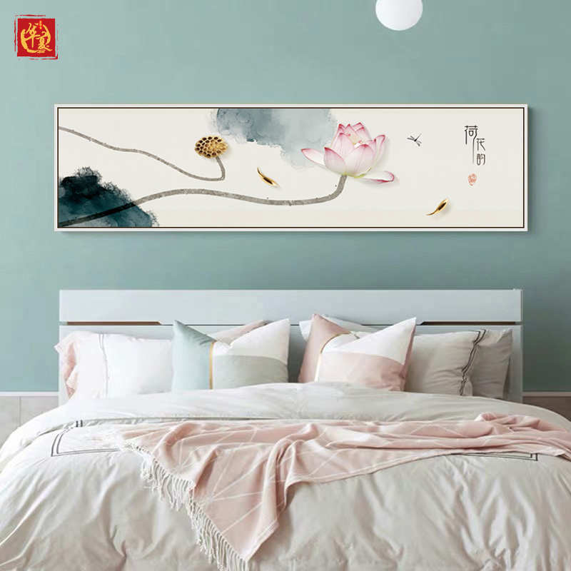 2023年新款中式卧室床头挂画现代简约装饰画主卧墙面禅意荷花壁画图片