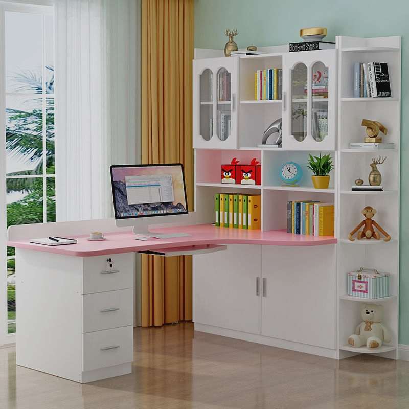 实木书桌书架组合转角电脑桌台式书柜一体儿童卧室拐角学习写字桌