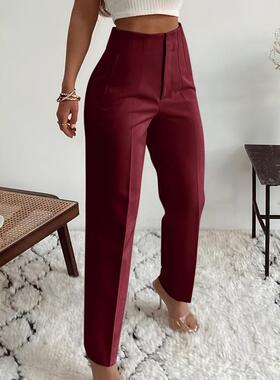 2025跨境新款 Women's Pants 高腰修身红色办公室铅笔裤优雅纯色