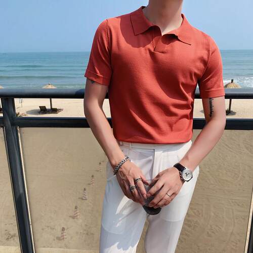 短袖夏季型男针织POLO衫男士潮牌轻熟风英伦潮流色修身冰丝T0811d