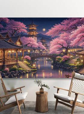 中式古风夜景背景布小众高级感挂布卧室房间床头装饰画布直播挂毯