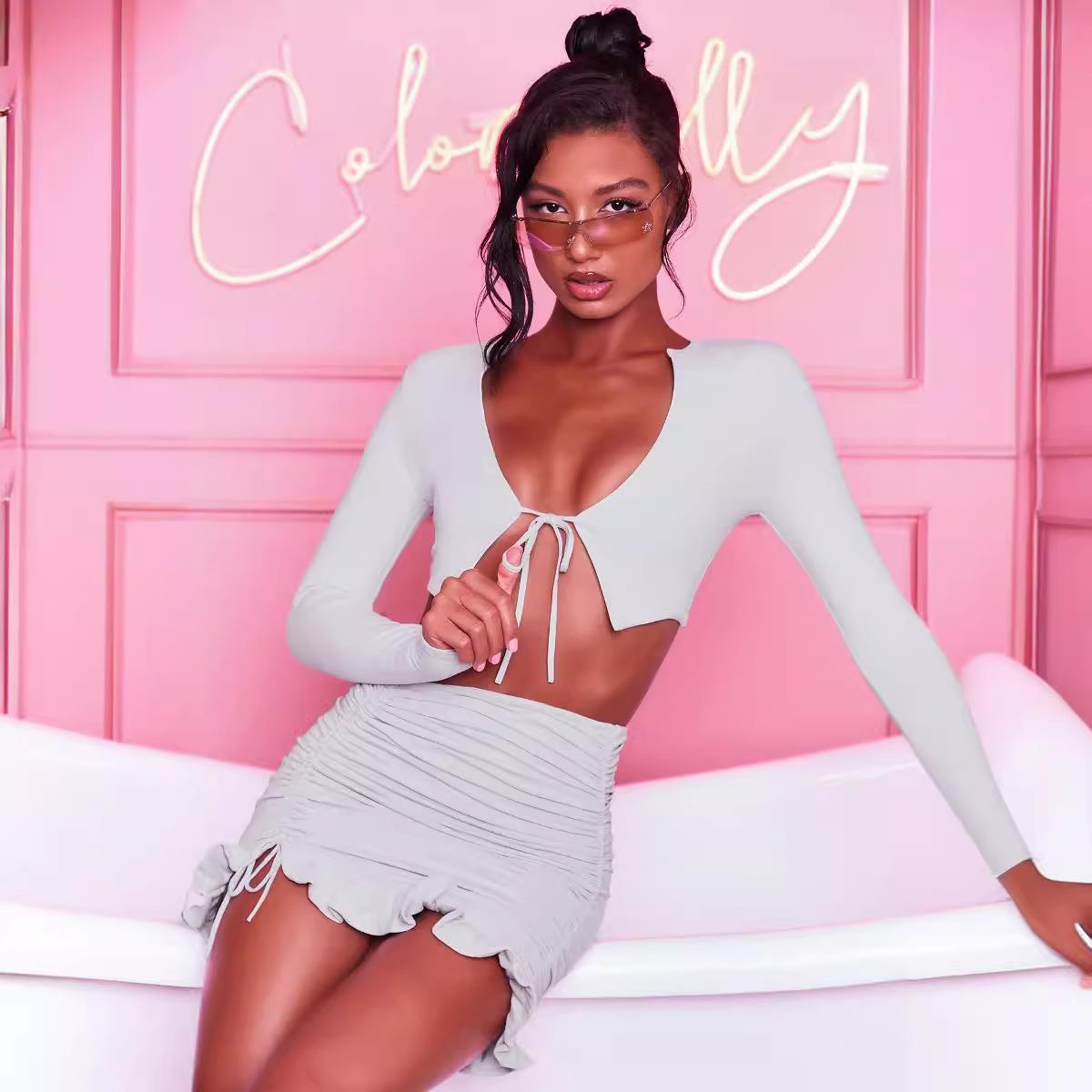 crop tops women summer lace-up bow chest open long white