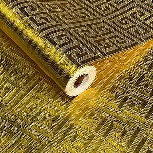 金色中式回形纹格子墙纸客厅酒店民宿饭店复古窗格反光金箔壁纸