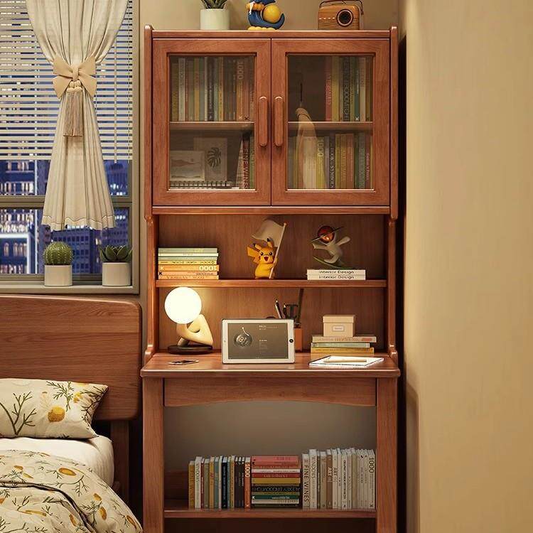 实木折叠书桌书架书柜组合桌家用电脑桌卧室床边伸缩学习桌