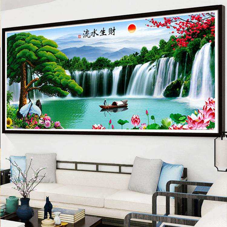 十字绣手工自己绣 厂家直供 客厅大画 迎客松流水生财风景