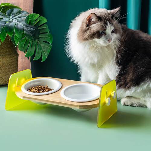 狗碗陶瓷猫碗护颈宠物喂食盆可调节角度喝水宠物双碗亚克力竹木架