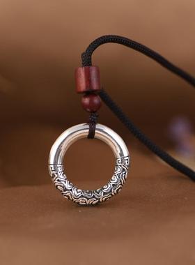 网红- S925银吊坠 复古祥云实心银环圈手工编绳银饰套链男女配饰