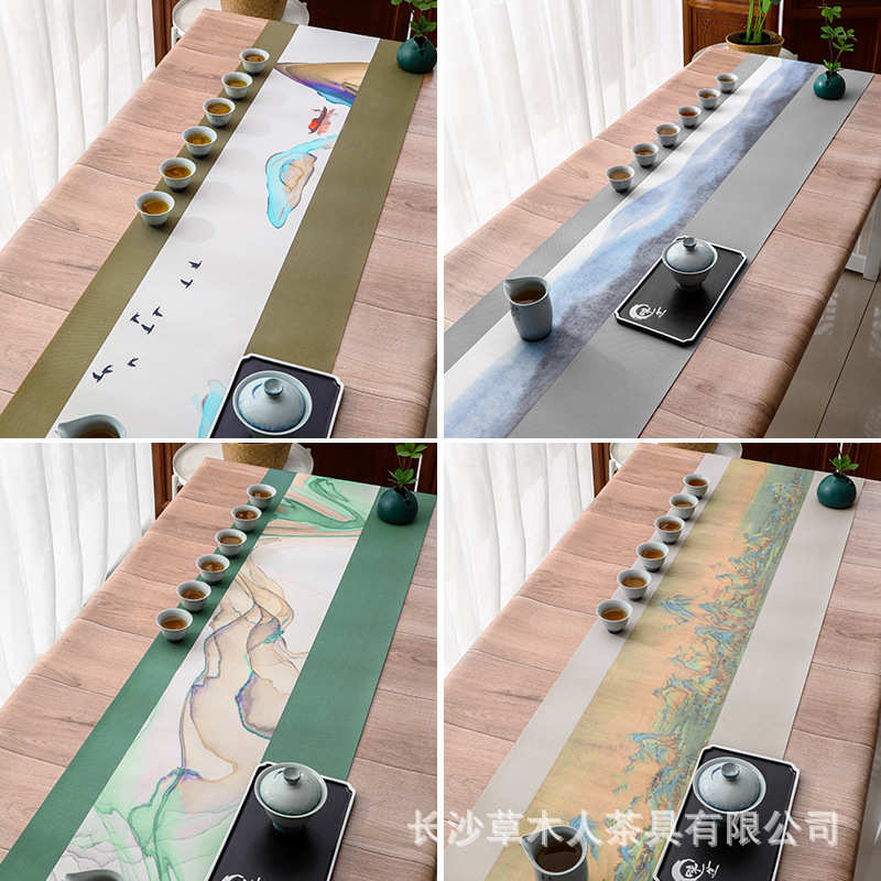 防水手绘桌旗中式现代简约茶几电视柜桌布棉麻禅意茶席麻布隔热垫