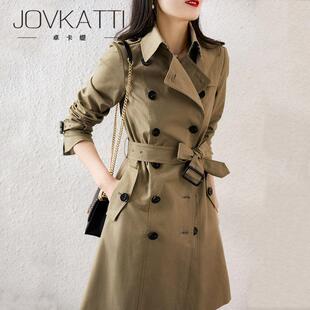 Jovkatti英伦风别致自信脆棉双排扣中长风衣女子2025新风格