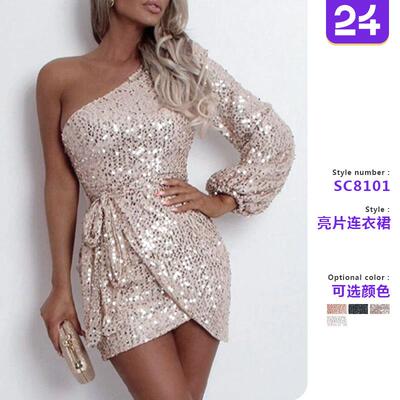 shoulder sequined long one irregular dress sleeves Dress