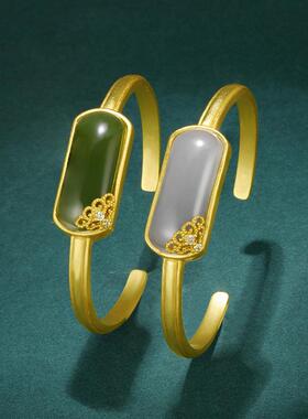 古黄铜收藏手饰品沙金手镯女宫廷风良玉生烟汉服手钏配件饰品