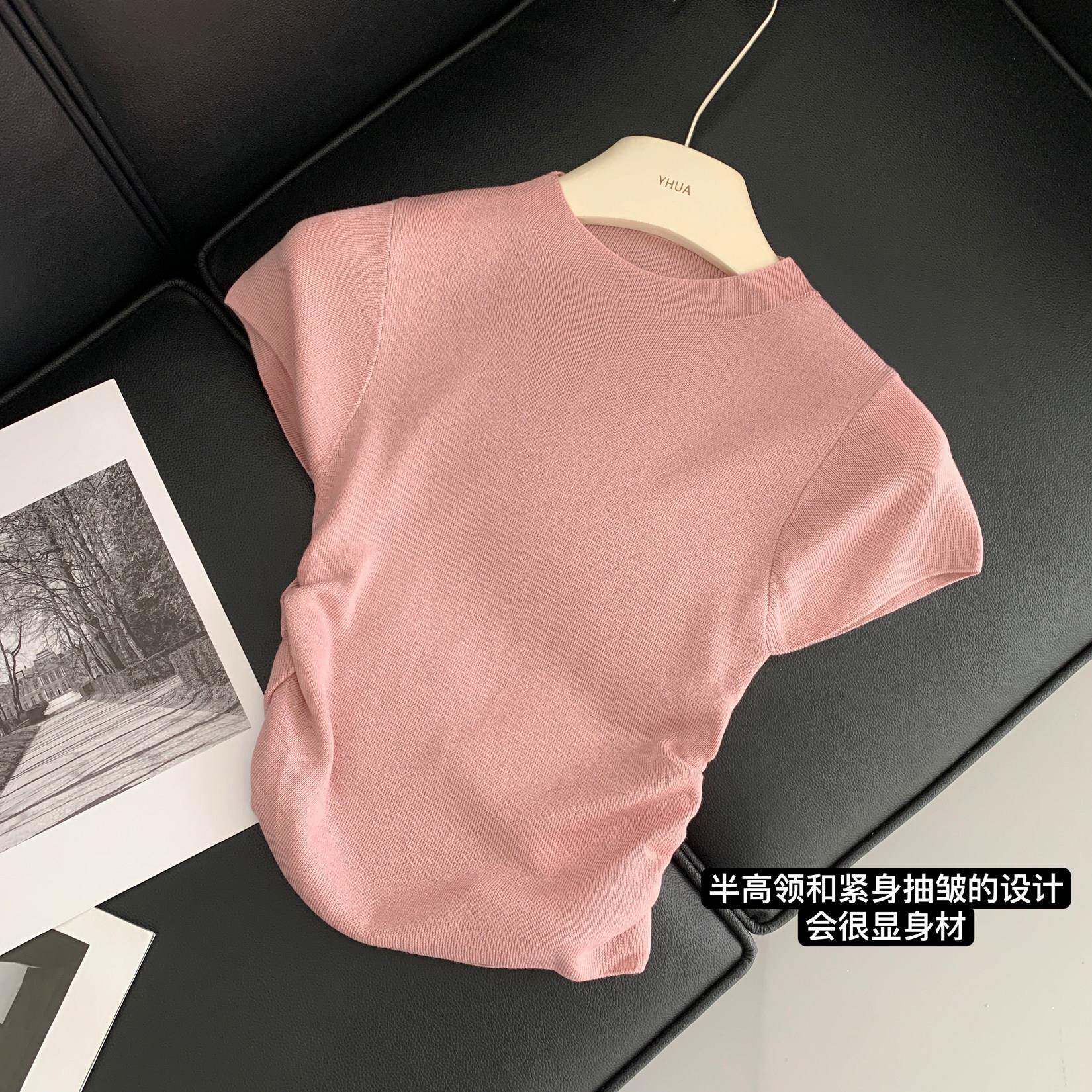 韩国超显瘦设计感天丝桑蚕丝半高领针织短袖T恤女装短款打底上衣
