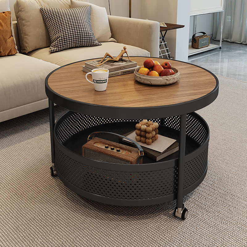 奶油风轻奢岩板客厅茶几小户型家用圆形网红带轮可移动小推车茶几