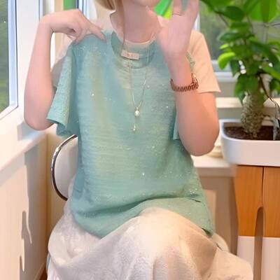 肌理感细闪短袖T恤女夏季新款大码胖mm宽松显瘦休闲绝美漂亮上衣