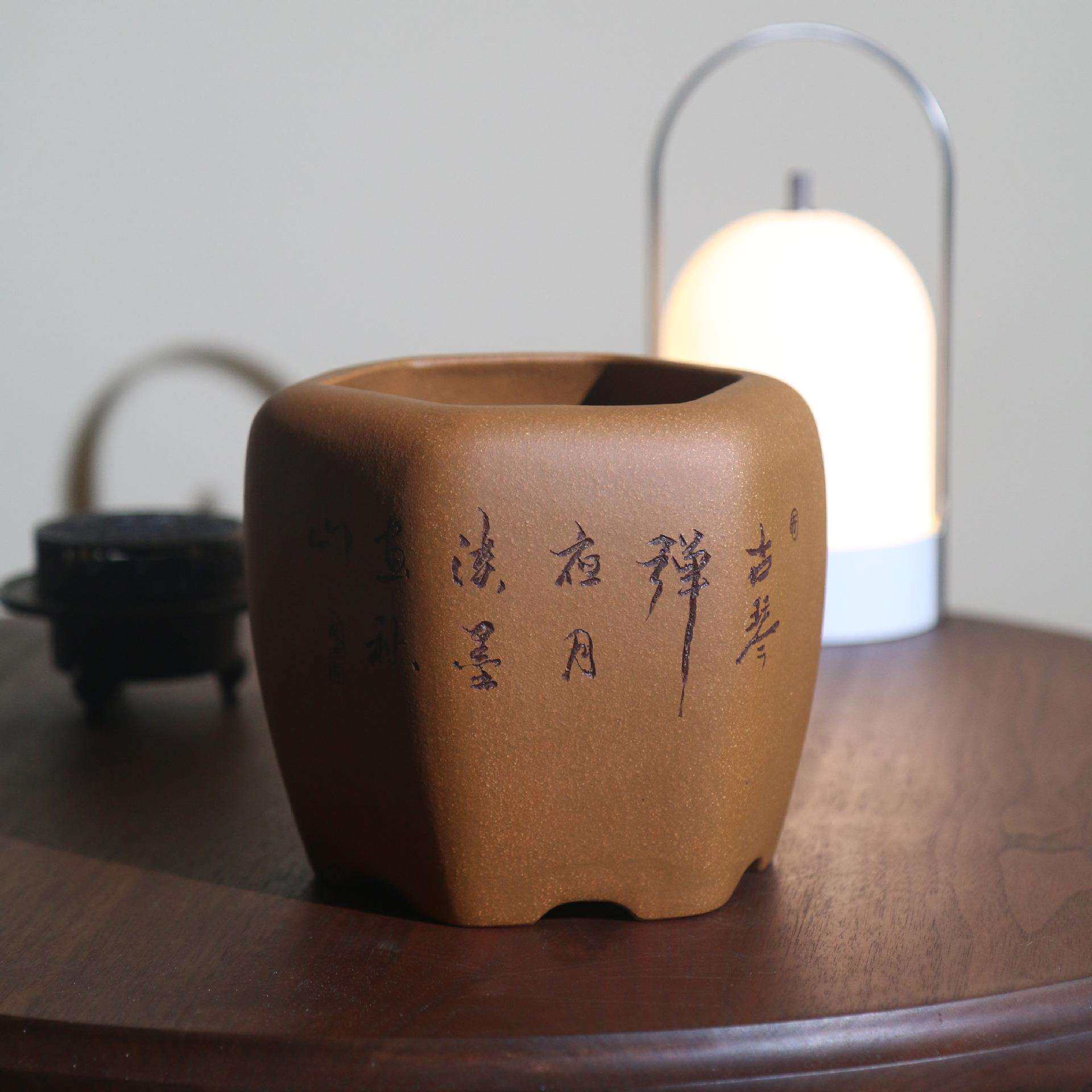 紫砂花盆字六方形盆景盆苏兵名家MJU通盆刻刻绘乡转兰花盆觅陶兰