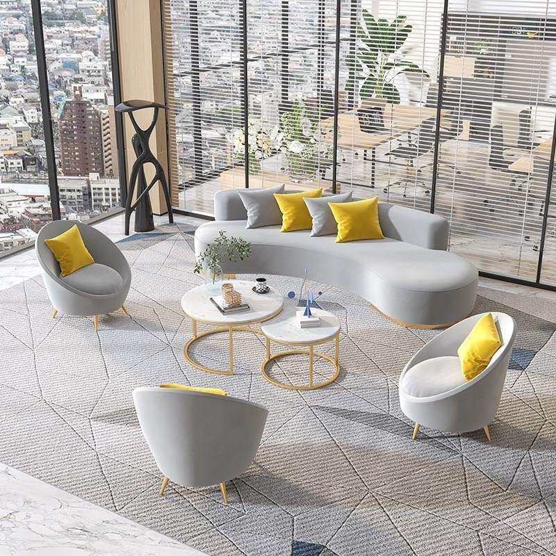 北欧办公室异形沙发茶几组合简约现代接待室商务会客布艺弧形沙发