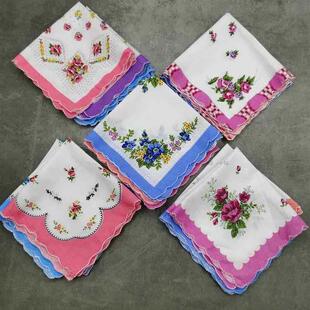 手帕小方巾女士随身纯棉3条小碎花月牙边儿童汗巾老人全棉手绢老