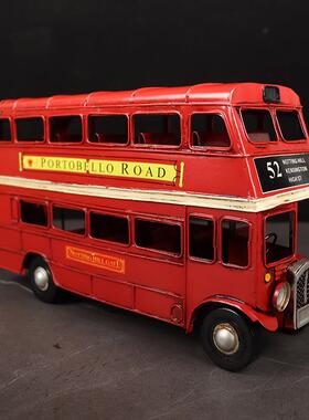 复古双层装巴士公交车型074皮手工艺品怀旧模酒吧橱窗陈列饰品摆