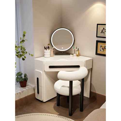 2025152新转角梳妆台卧室小型柜款收纳一体斗实三角墙角化木妆桌