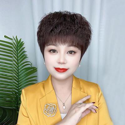 正品假中发女短发年女士真发全羊真老人发毛卷短卷发头套