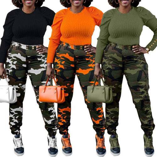 Womens Camo Print Button Fly Cargo Pants Casual Pocket