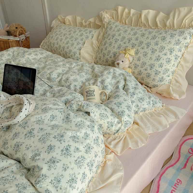 2025新款日韩系小碎花荷叶花边四件套奶油风床单被套床笠三件套43