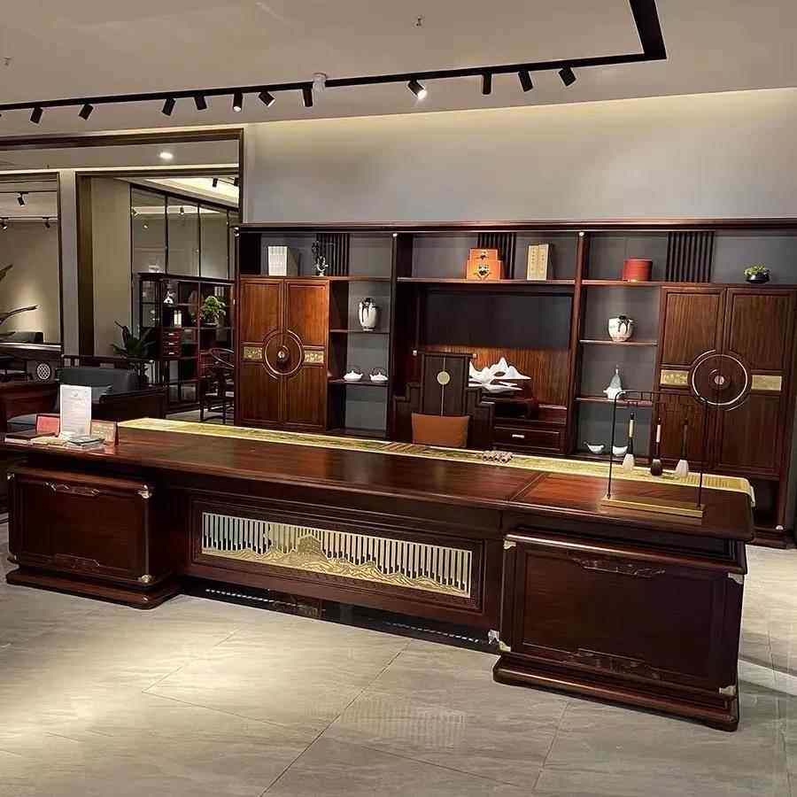 新中式实木办公桌老板桌中古风复古大班台乌金木高端董事长办公桌